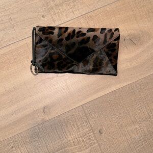 NWOT ALLSAINTS Leopard calf hair envelope clutch/ wristlet w leather hand strap